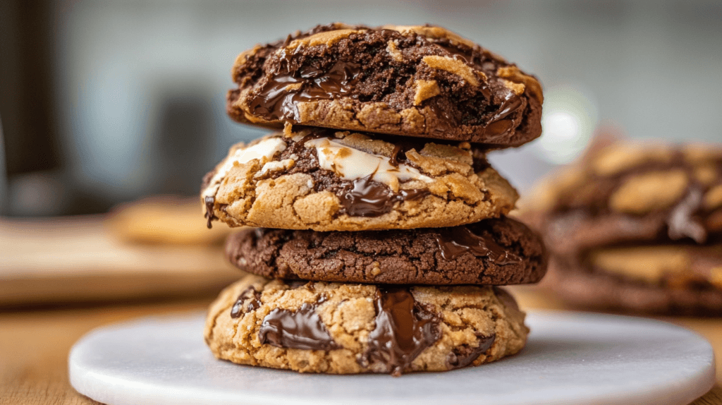 A batch of freshly baked cookies by amaretto baking chips, golden and crispy on the edges with melted chocolate inside.