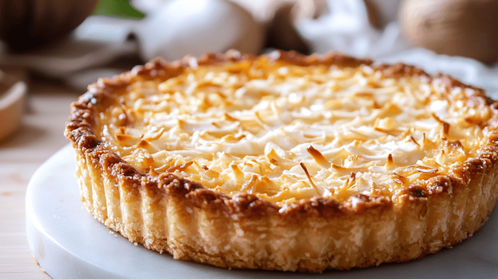 A freshly baked golden-brown coconut tart with a flaky crust, topped with shredded coconut and a dusting of powdered sugar.
