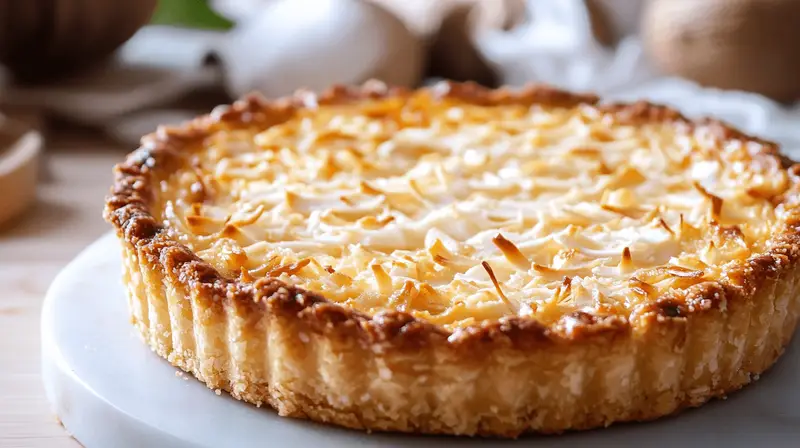 A freshly baked golden-brown coconut tart with a flaky crust, topped with shredded coconut and a dusting of powdered sugar.