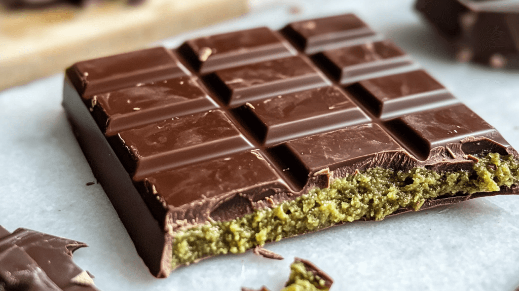 A luxurious Dubai chocolate bar recipe featuring rich, dark chocolate with gold flakes and exotic nuts, served on a marble tray.