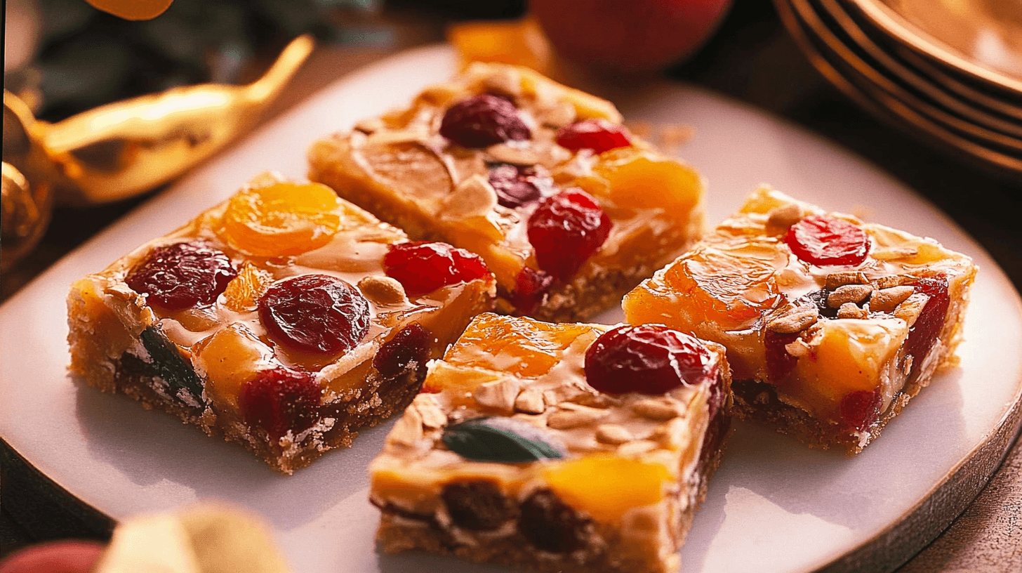 A batch of homemade candied fruit bars with vibrant dried fruits and a golden, chewy texture, cut into perfect squares.