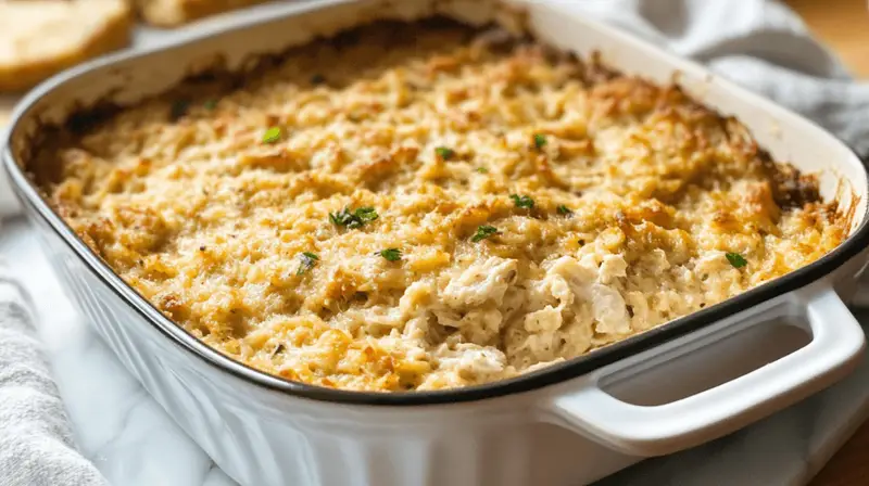 A golden-brown chicken dressing recipe served in a casserole dish, garnished with fresh herbs and crispy edges.