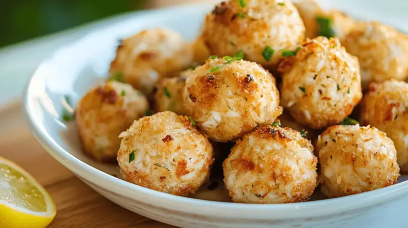 A plate of golden-brown crab balls served with a side of creamy dipping sauce and fresh lemon wedges.