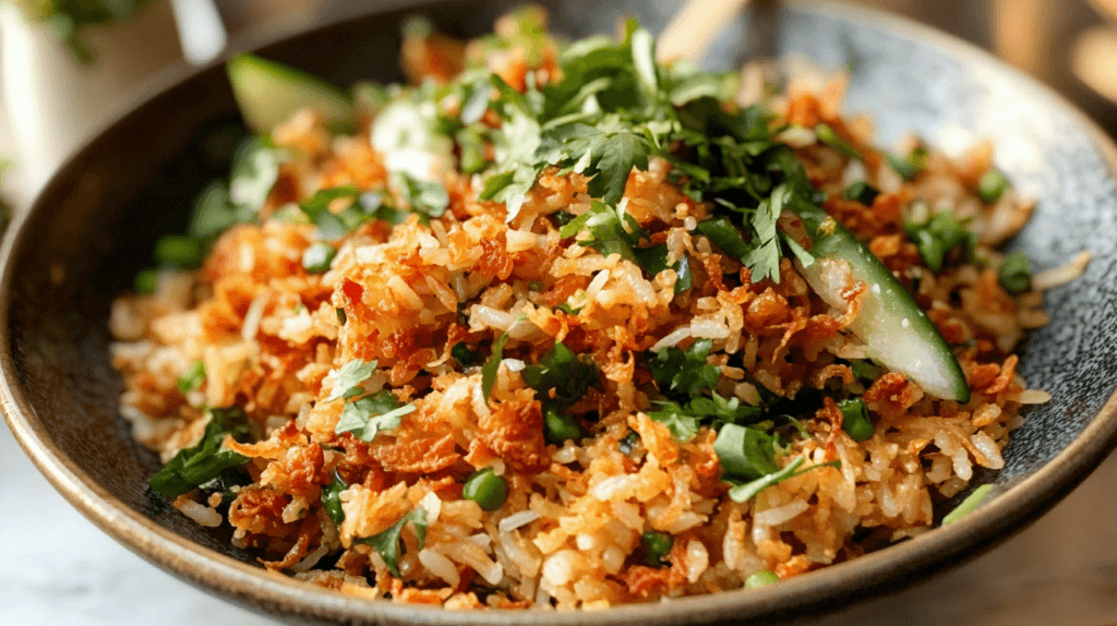 A golden and crispy rice recipe served in a cast-iron pan with a perfectly crunchy crust and a sprinkle of green onions.