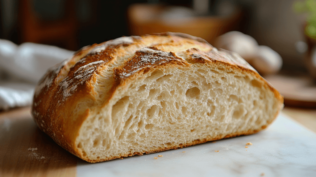 A freshly baked French baguette made with Francine flour, sliced open to reveal its airy texture, resting on a rustic wooden board.