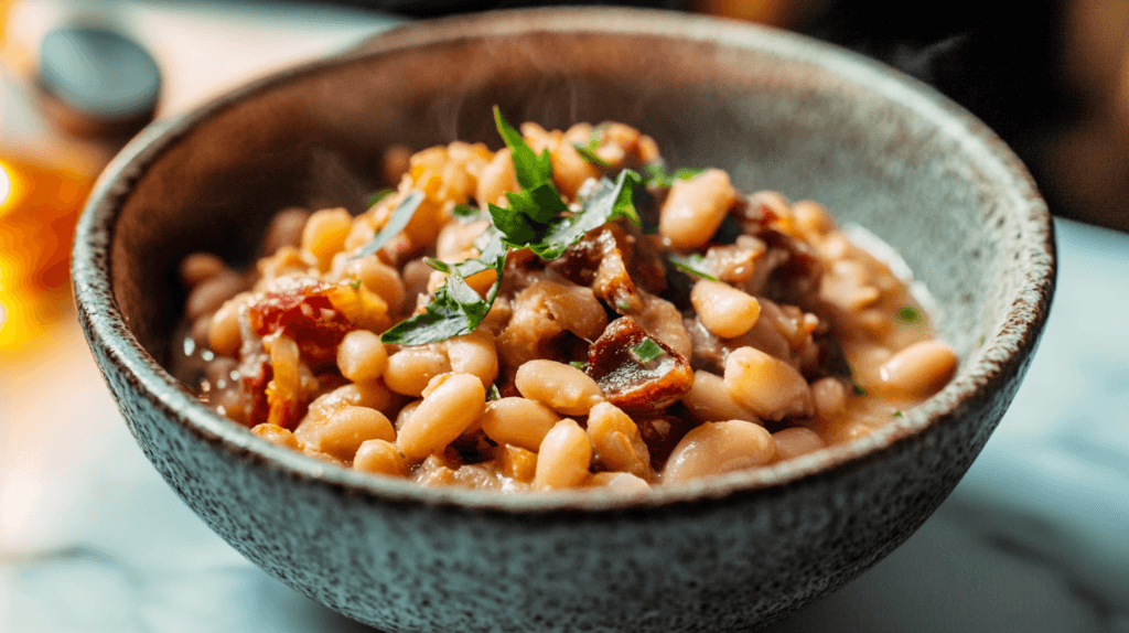A steaming bowl of great northern beans recipe with tender beans, smoked ham, and fresh herbs in a rich broth.