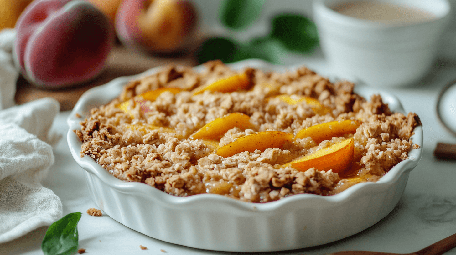 A golden-brown peach crumble recipe served in a baking dish with a crispy oat topping and juicy peach filling.