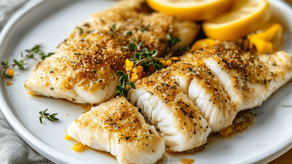 A pan-seared pollock recipe with a golden crust, served with lemon slices and fresh herbs on a white plate.