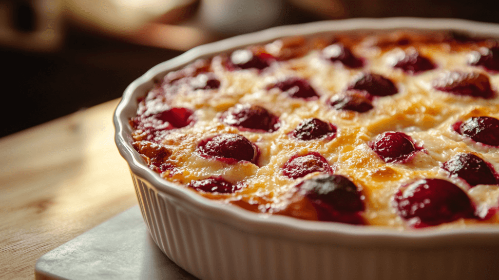 A bowl of fresh cherries next to a sugar-free cherry tart, with a wooden spoon and measuring cups on a rustic kitchen counter.