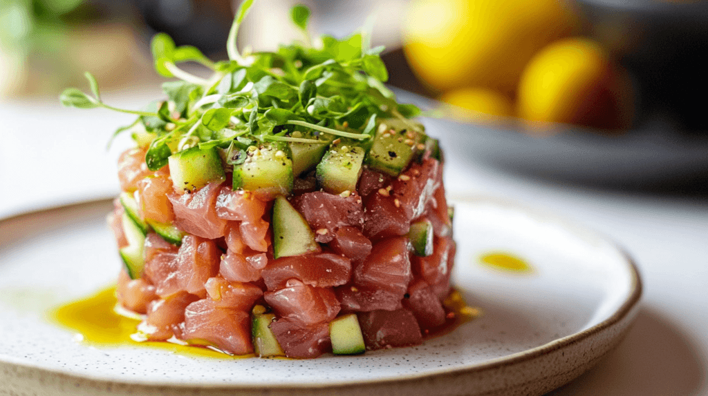 A beautifully plated tuna tartare recipe with diced fresh tuna, avocado, and sesame seeds, garnished with microgreens.