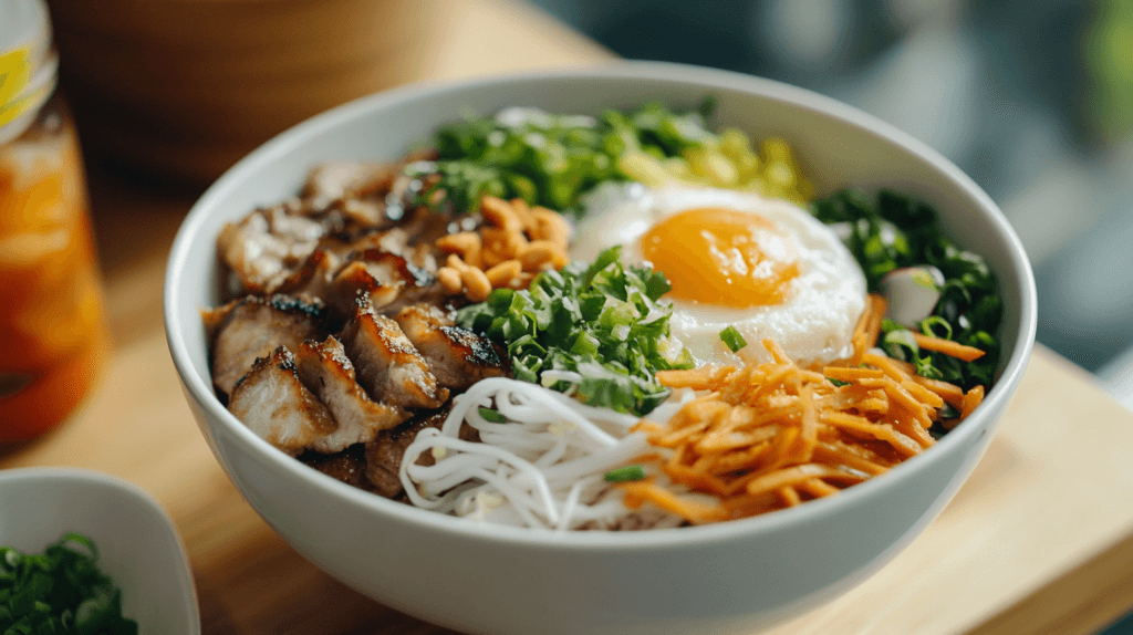 A steaming bowl of pho with fresh herbs, bean sprouts, and lime, served with a side of crispy banh mi on a wooden table.
