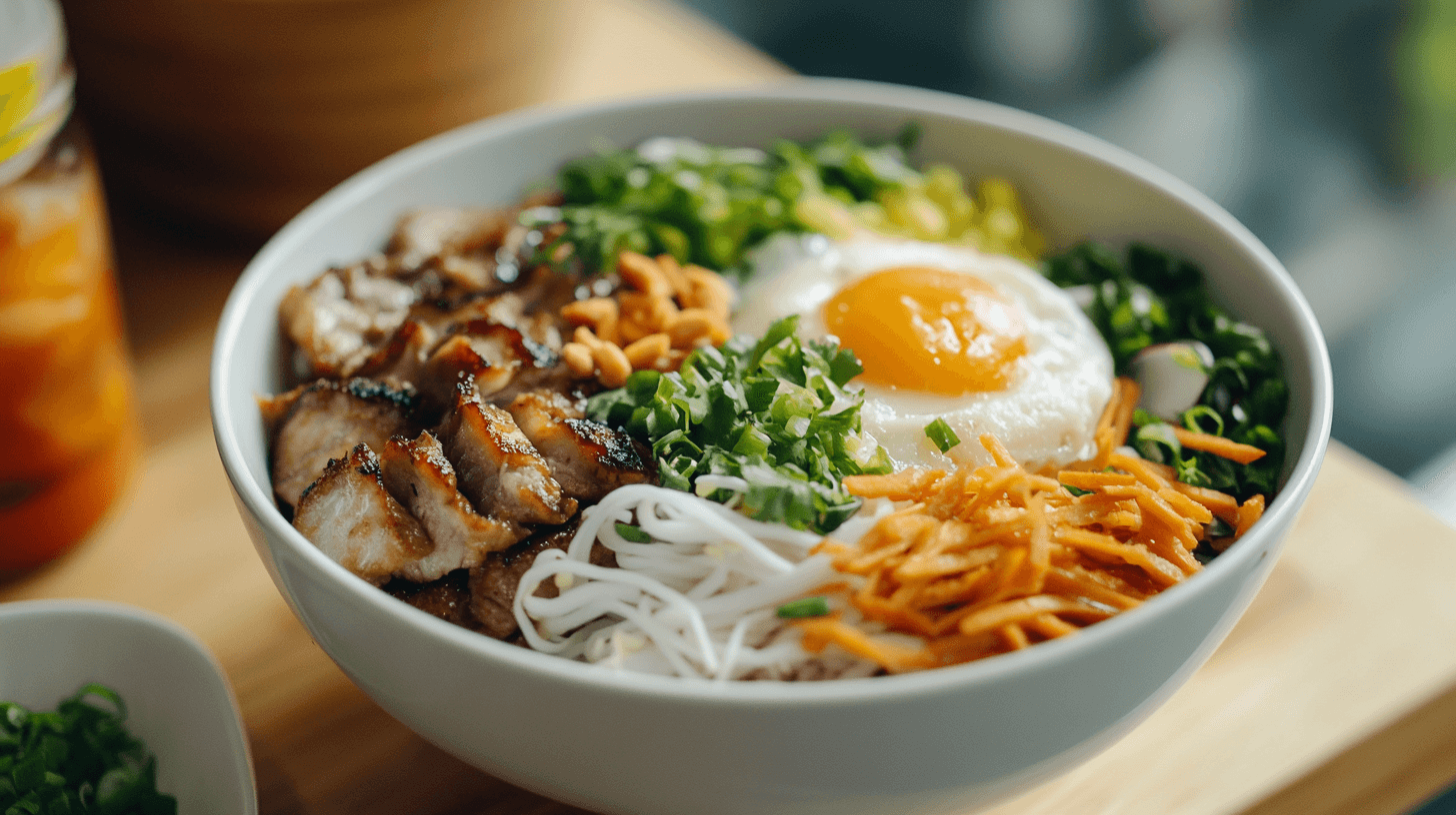 A steaming bowl of pho with fresh herbs, bean sprouts, and lime, served with a side of crispy banh mi on a wooden table.