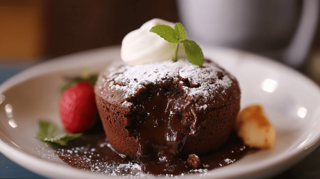 A rich Molten Chocolate Lava Cake Chili’s copycat with warm, gooey chocolate flowing from the center, topped with vanilla ice cream and chocolate drizzle.