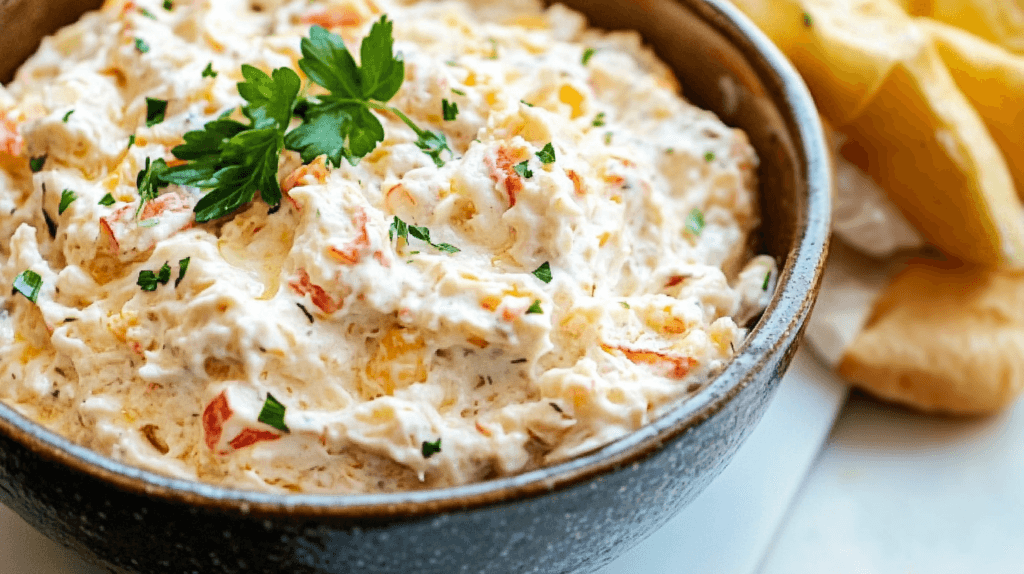 A bubbling hot crab dip served in a skillet, topped with melted cheese and fresh herbs, ready to be enjoyed with toasted bread.