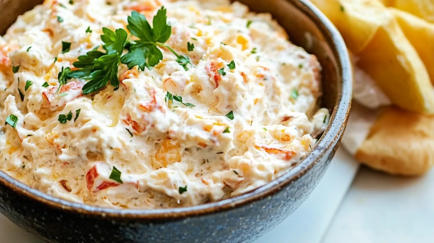 A bubbling hot crab dip served in a skillet, topped with melted cheese and fresh herbs, ready to be enjoyed with toasted bread.