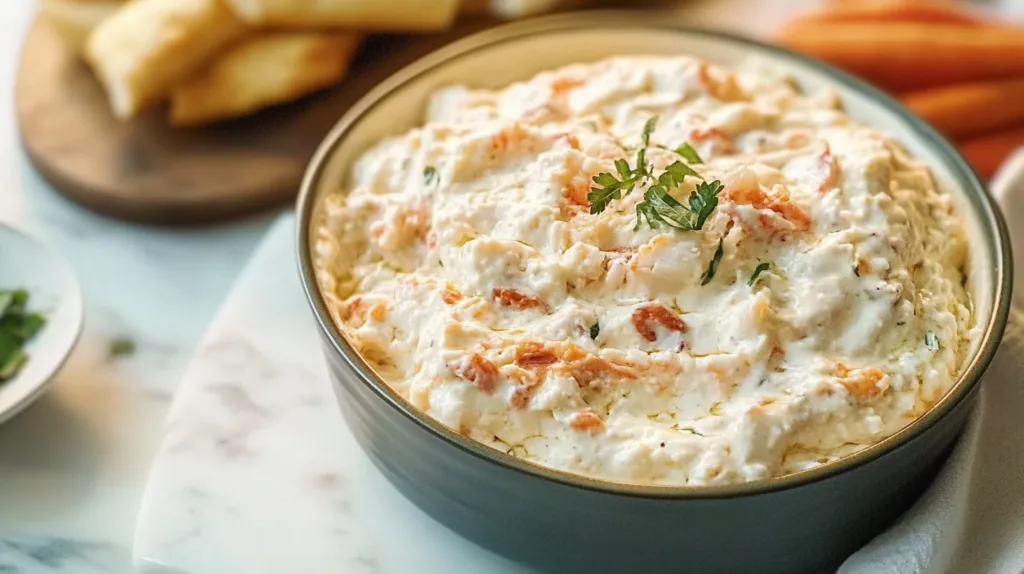 A creamy and cheesy hot crab dip in a white ceramic dish, with crackers and fresh vegetables on the side for dipping.