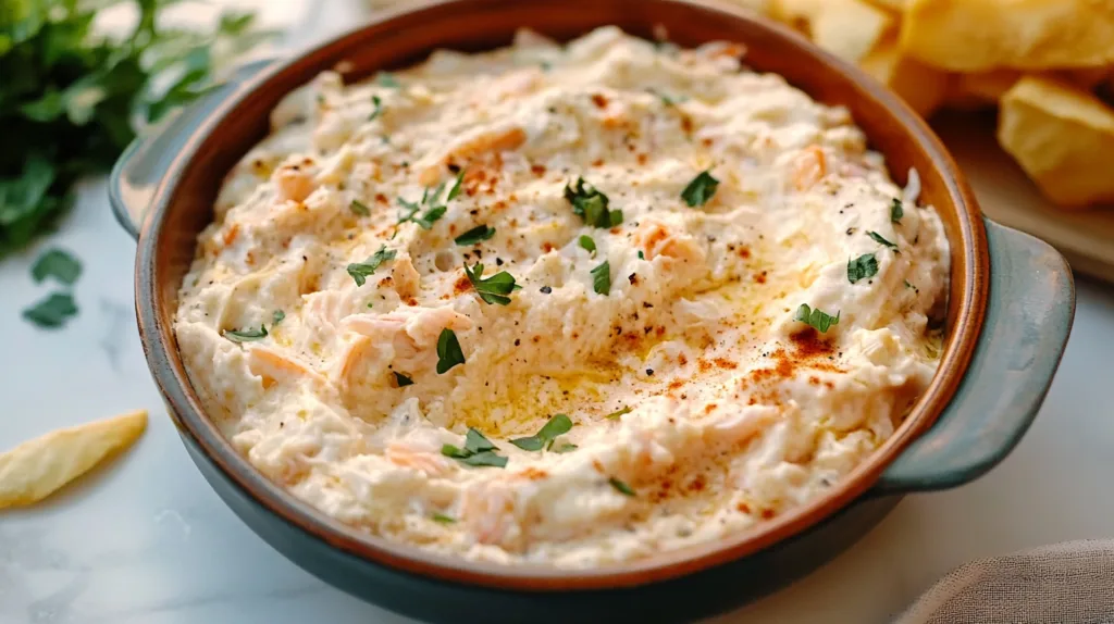 A golden-brown hot crab dip fresh out of the oven, garnished with green onions and served with crispy tortilla chips.